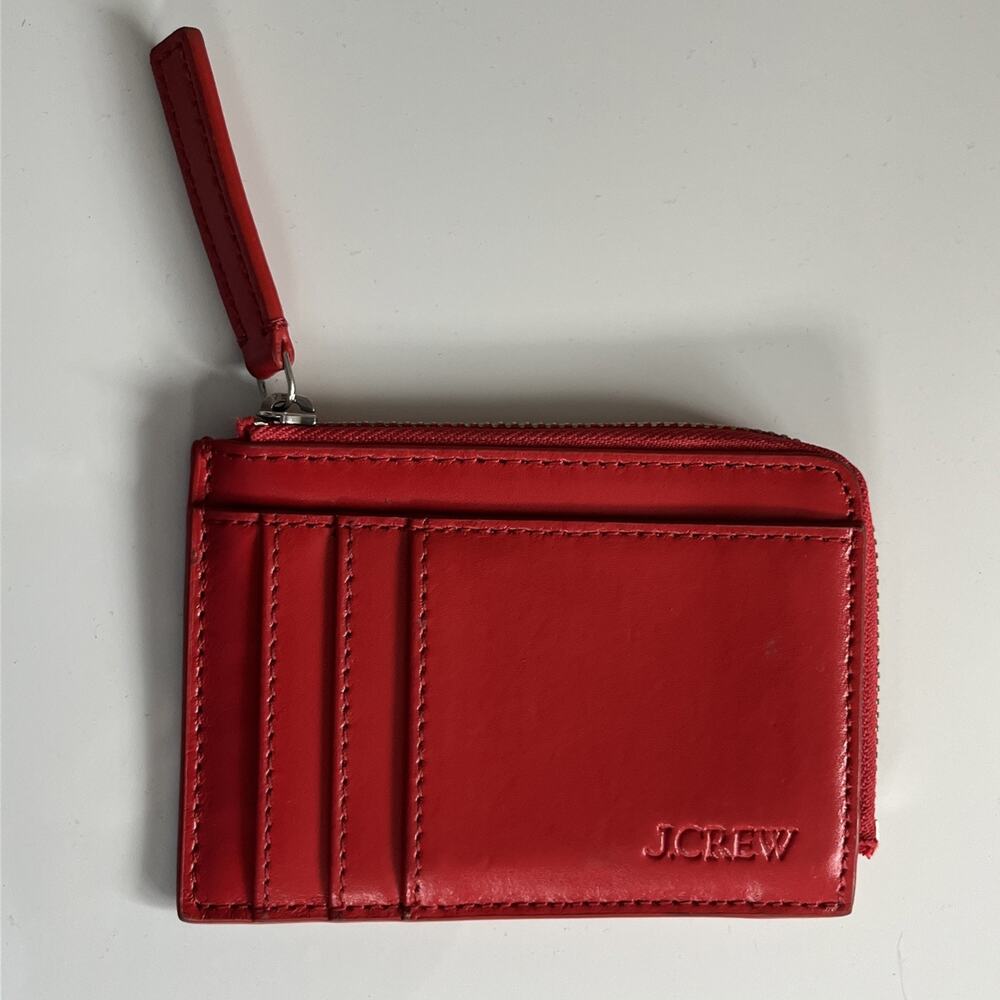 J CREW Red Leather Card Holder Mini Wallet Zip Closure Preppy Compact Minimalist